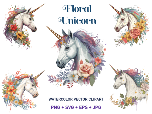 Download Watercolor Floral Unicorn Vector Clipart - Color Collection