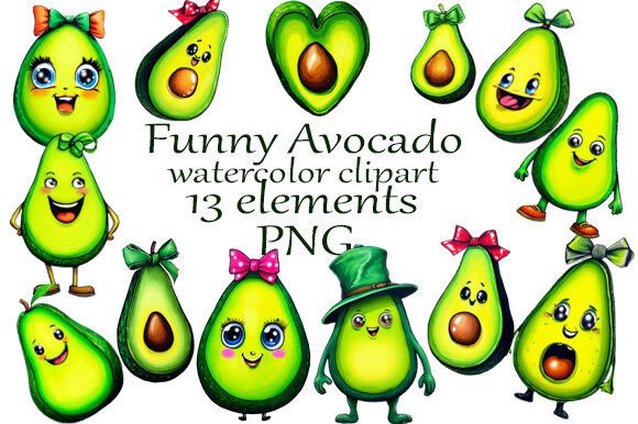 Download Watercolor Clipart Funny Avocado PNG - Color Collection