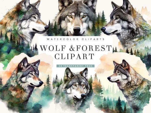 Download Watercolor Wolf and Forest Clipart - Color Collection