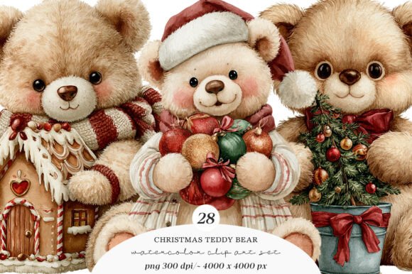Download Watercolor Christmas Teddy Bear Clipart - Color Collection