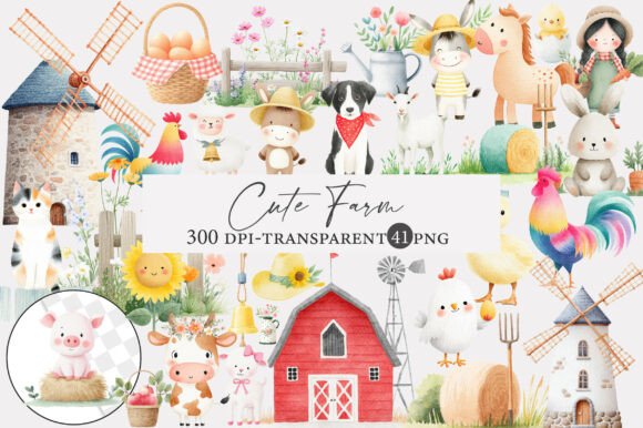 Download Watercolor Cute Farm Clipart - Color Collection