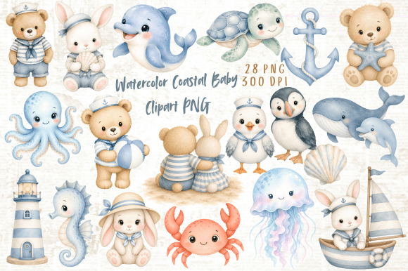 Download Watercolor Coastal Baby Clipart PNG - Color Collection
