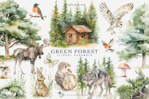 Download Watercolor Green Forest Clipart Set - Color Collection
