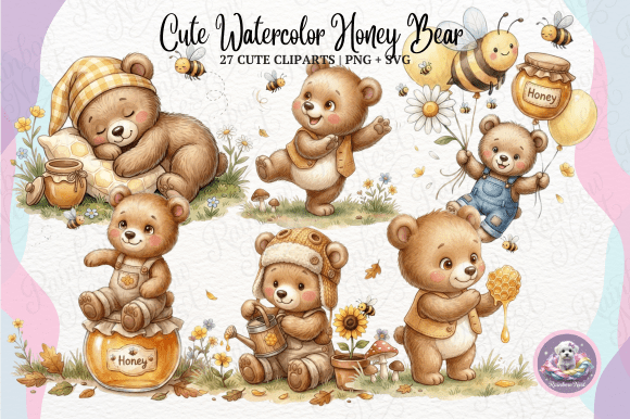 Download Cute Watercolor Honey Bear Clipart - Color Collection