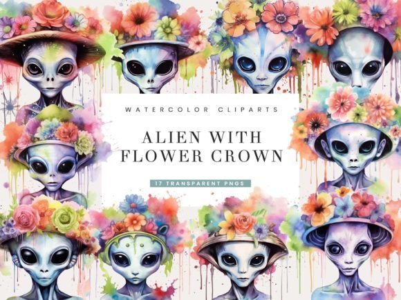 Download Watercolor Flower Crown Alien Clipart - Color Collection