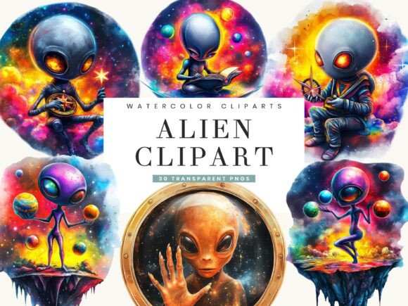Download Watercolor Alien Clipart Bundle - Color Collection