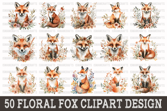 Download Floral Fox Watercolor Clipart Bundle PNG - Color Collection