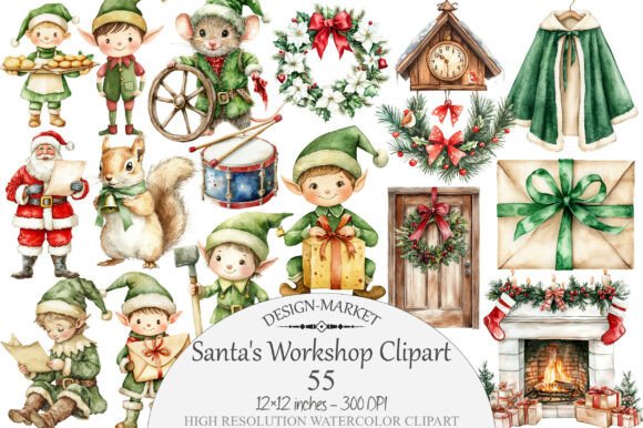 Download Watercolor Santa's Workshop Clipart - Color Collection