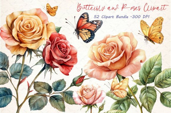 Download Watercolor Butterfly and Roses Clipart - Color Collection