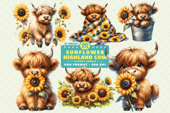 Download Watercolor Sunflower Highland Cow PNG - Color Collection